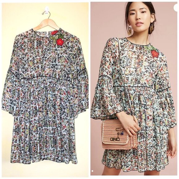 Anthropologie Dresses & Skirts - Bhanuni by Jyoti Libra Embroidered Tunic Mini Dress Size M Floral Anthropologie